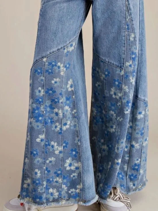 Easel Light Wash Floral print Wide leg Frayed Hem Denim Jeans - Picture 4 of 7
